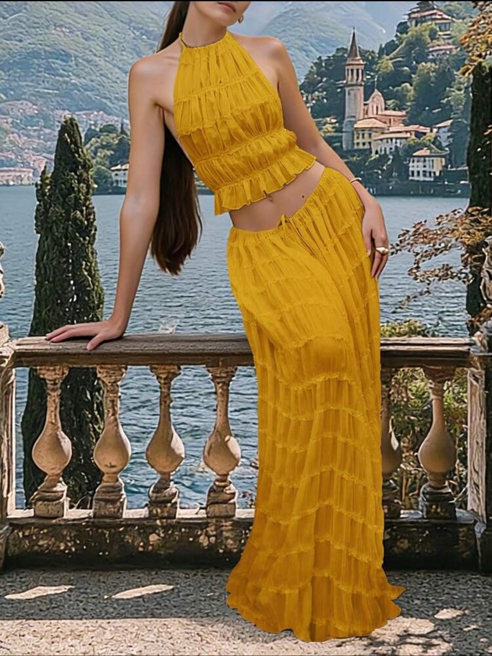Yellow Ruffle Two-Piece Halter Set - Picture 5 of 6